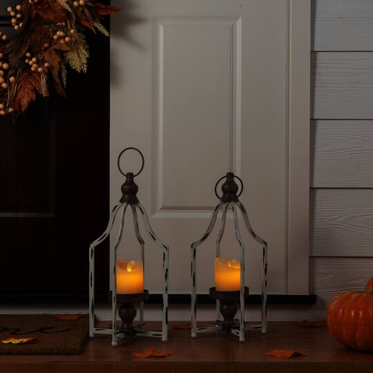 Glitzhome® 16.5" Modern Farmhouse White & Brown Metal Candle Lanterns,2ct.